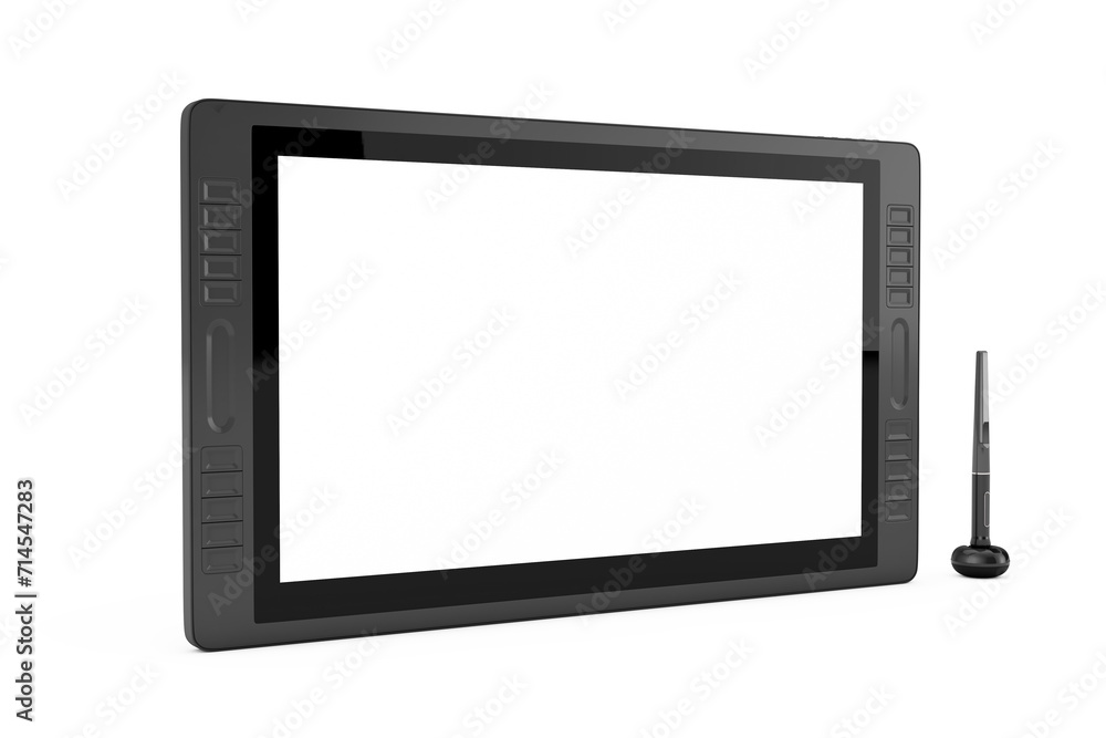 Poster big size of digital graphics drawing tablet monitor with pen and blank screen for your design. 3d re