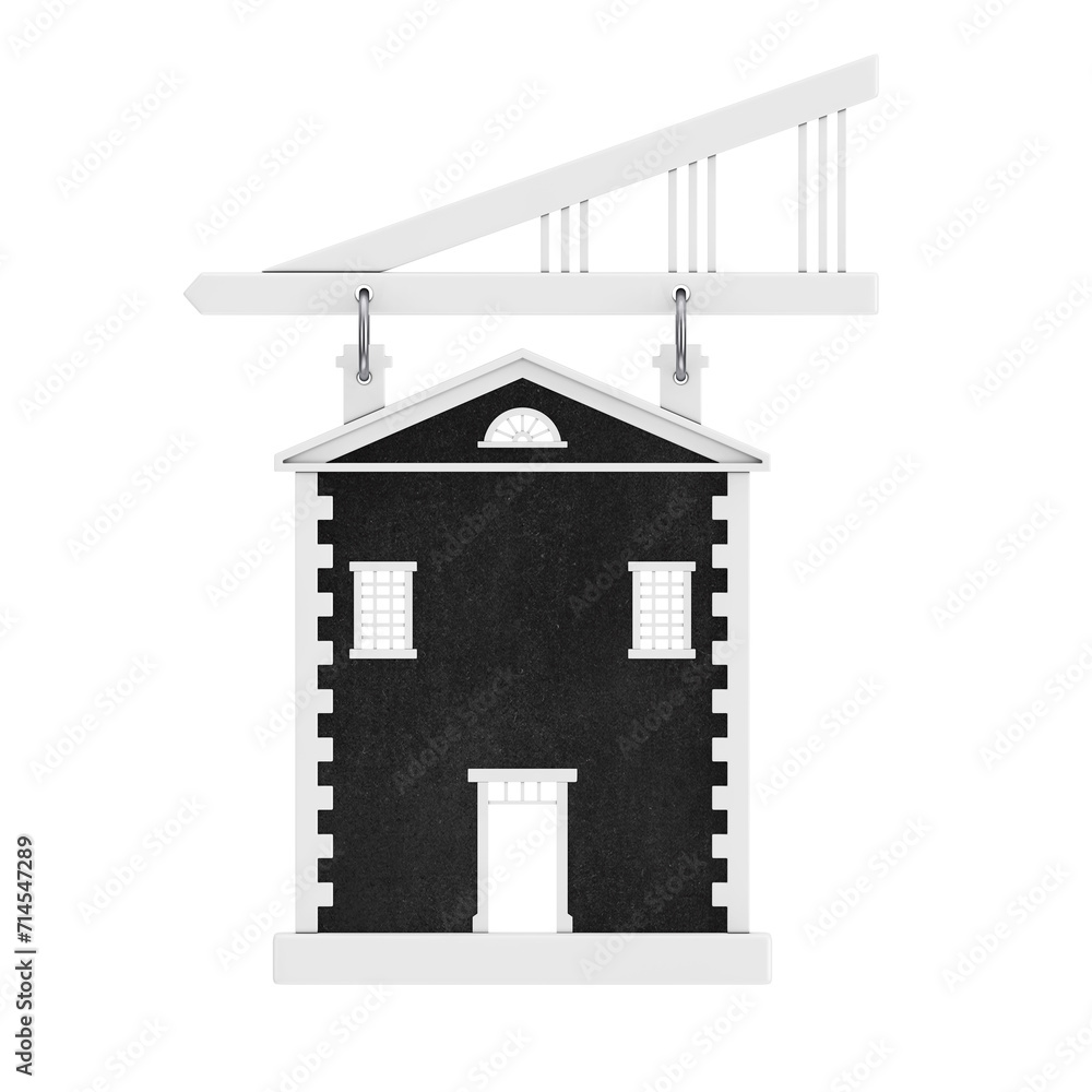 Poster white hanging sign in shape of house building with empty blackboard for your design in clay style. 3