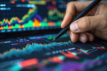 Fototapeta premium Marketing strategy businessman working using pen pointing to analyze financial investment graphs. generative ai