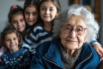 Happy Elderly with Grandchildren Smiling Senior with Loving Family