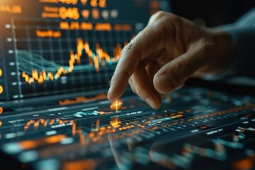 Naklejka premium finger touch screen stock monitor pointing to analyze financial investment graphs, generative ai.