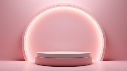 Minimalist stage with a soft pink glowing arch, perfect for showcasing elegant products