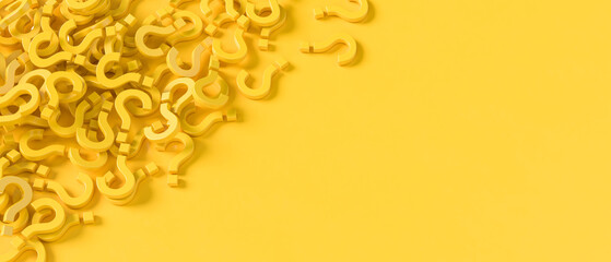 Yellow question marks isolated on yellow background. Question mark background. 3D illustration - obrazy, fototapety, plakaty