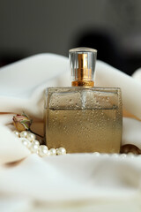 Vintage Perfume Bottle with pearls, shellfish, white sea stone and feather