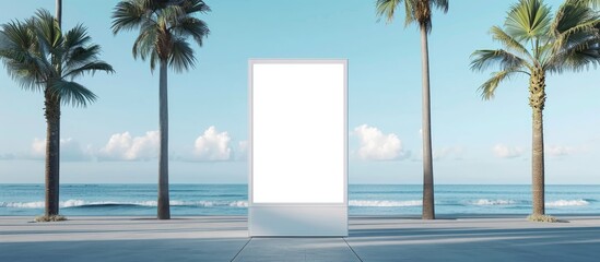 Vertical blank lightbox with white mockup space on sidewalk, amid palm trees, sea, and sky.