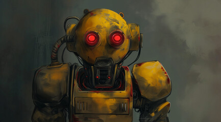 Chromatic Android: A Vividly Rendered Robot with Glowing Red Eyes in a Hazy Atmosphere