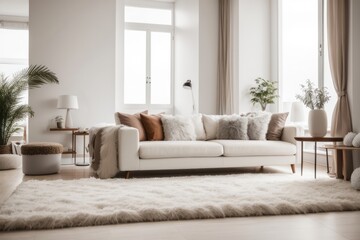 Scandinavian interior home design of modern living room with white sofa and fur rug on white wall with copy space near the window