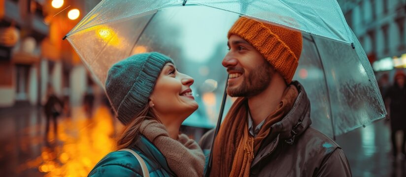 European couple in city center holding transparent umbrella under rain - Fall travel - Love - Focus on woman's face - Teal and orange filter.