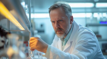 Senior male scientist with focused gaze conducting precise liquid measurements in a lab