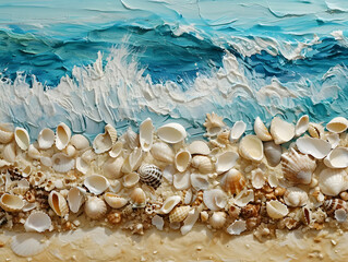 Seashells on the background of the sea, abstract painting, handmade wave drawing
