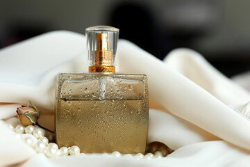 Vintage Perfume Bottle with pearls, shellfish, white sea stone and feather