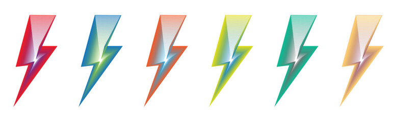  3d gradient Lightning bolt icon , set of 6 Thunderbolts icons, 3d lightning strike isolated on white background, vector illustration - obrazy, fototapety, plakaty