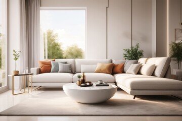 Interior home design of modern living room with white sofa, round table and glamorous colorful pillows
