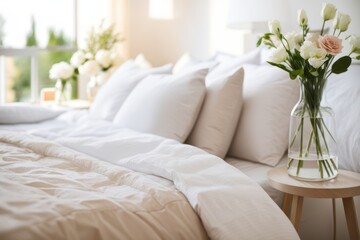 Scandinavian interior home design of modern bedroom with glass vase with a bouquet of white flowers next to a beige bed