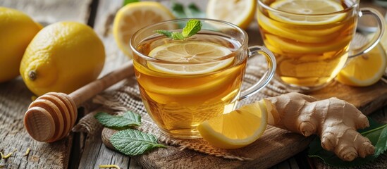 Ginger tea with lemon and honey acts as a natural anti-inflammatory, antioxidant, and blood sugar enhancer. - obrazy, fototapety, plakaty