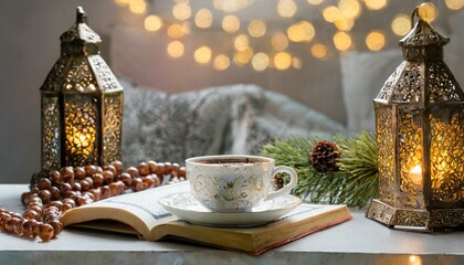 Obraz premium Reflective Reading: Coffee and a Book Amidst Ramadan Decorations