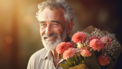 elderly man with bouquet of flowers, valentine's day concept