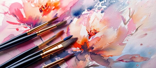 Watercolor painting with brushes and decorative flower
