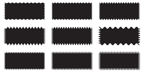 Zig zag edge rectangle shape collection. Jagged rectangular elements set. Black graphic design elements for decoration, banner, poster, template, sticker, badge , collage. Vector illustration - obrazy, fototapety, plakaty