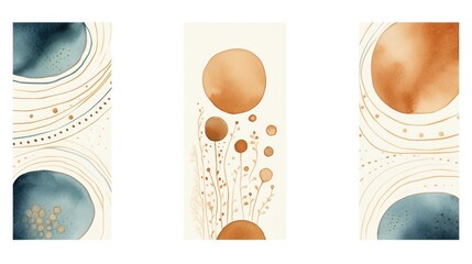 A set of three abstract watercolor designs, blending earthy and oceanic tones with golden accents, ideal for modern decor.