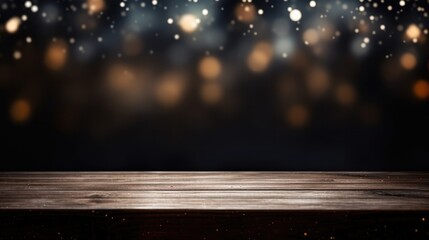 Wooden tabletop foreground with a background of sparkling bokeh lights, ideal for product showcases.