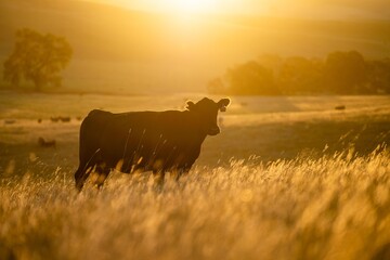 stud bull farm at sunrise with Angus, wagyu and murray grey beef bulls and cows, being grass fed on...