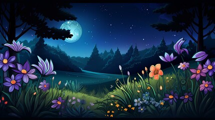 Fototapeta na wymiar Night view of flower garden and moonlight
