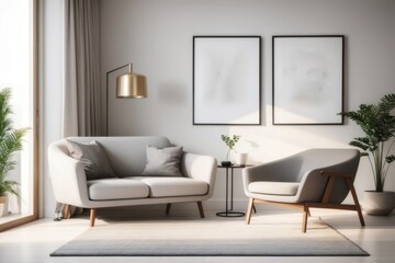 Fototapeta premium Scandinavian interior home design of modern living room with gray armchair and empty mockup poster frame on gray wall near window