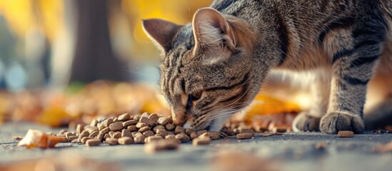 Outdoor park close up of street cat eating pet food, demonstrating care for homeless animals. - obrazy, fototapety, plakaty