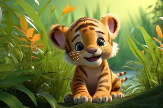 A baby tiger rendered in a colorful, children friendly cartoon animation fantasy style