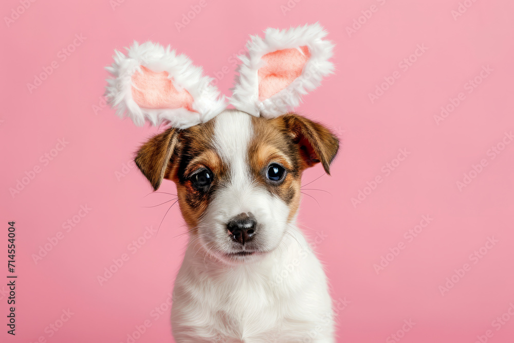 Wall mural Portrait of a cute puppy wearing easter bunny ears. Happy easter concept