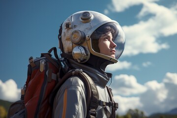 A backpack and helmet on a young man