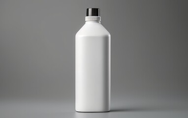 This 3D render mockup displays a shampoo bottle made of white plastic, positioned in front, with a gray background.