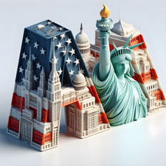 Realistic 3D letters Cities and landmarks of  United States of America. Real colors of buildings. With the letter Abbreviation "A" and the flag on a white background.Generative Ai.