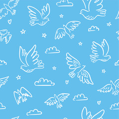 Vector pattern with a collection of birds flying in the sky, pigeons, hand-drawn in the style of doodles
