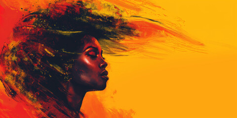 An abstract portrait of an African American woman set against a vibrant orange background, ideal for Black History Month promotions.
