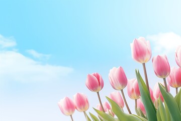 Obraz na płótnie Canvas Pink tulips on a blue sky background. with copy space. for valentine, birthday, wedding, invitation, card, greeting, presentation, celebration, banner
