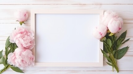 A white blank frame surrounded by delicate pink peony flowers on a wooden background, perfect for invitations or announcements.