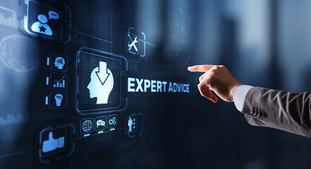 Expert advice. Businessman hand touching inscription on virtual screen