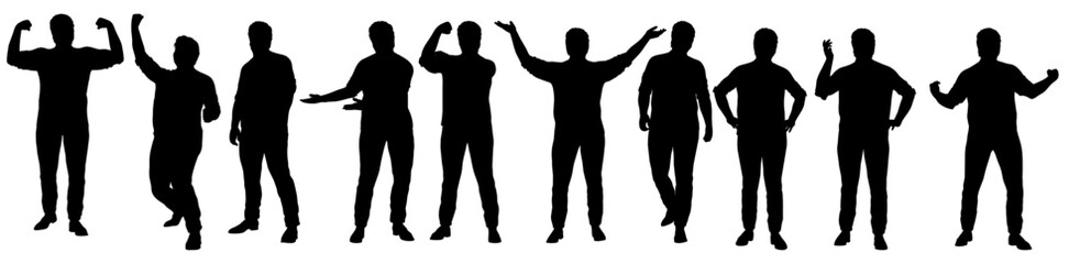collection of silhouette plus size male body posing with casual outfit, isolated vector