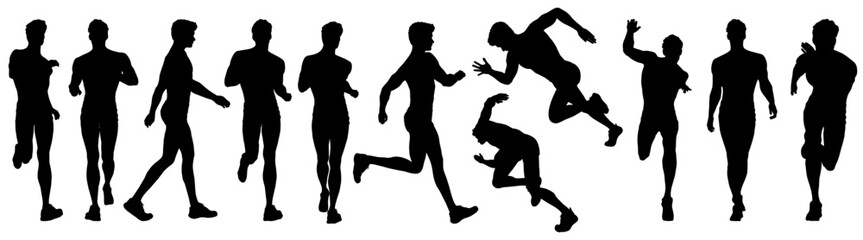 Fototapeta na wymiar collection of different silhouette walking and running male character, isolated vector, transparent