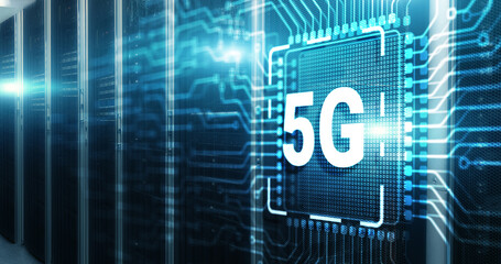 Digital 5G and Internet Telecommunication concept on 3d electronic circuit board chip