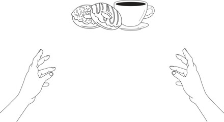 Two hands grabbing a cup of coffee and two donuts