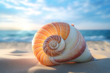 A beautiful spiral seashell, a cherished souvenir from vacations - obrazy, fototapety, plakaty