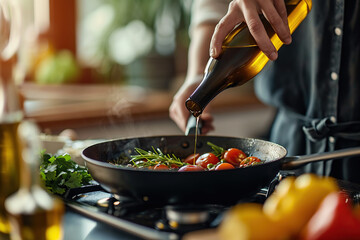 A person is preparing a nutritious meal using MCT oil as the main ingredient. - obrazy, fototapety, plakaty
