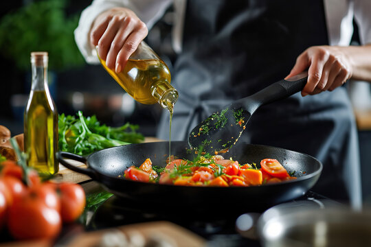 A person is preparing a nutritious meal using MCT oil as the main ingredient.