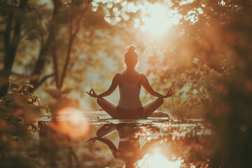 Person in yoga pose surrounded by nature Emphasis on the connection between the mind and body. - obrazy, fototapety, plakaty