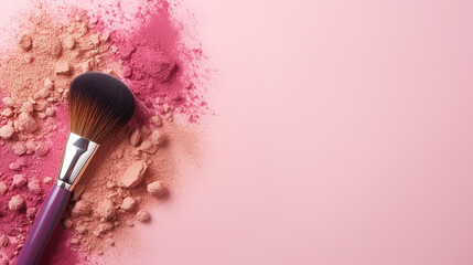 makeup brush and scattered blush on pink background - obrazy, fototapety, plakaty