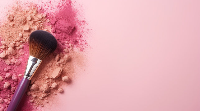makeup brush and scattered blush on pink background
