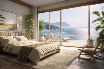 A bedroom with a view of the ocean and a balcony with a view of the ocean that is beautiful